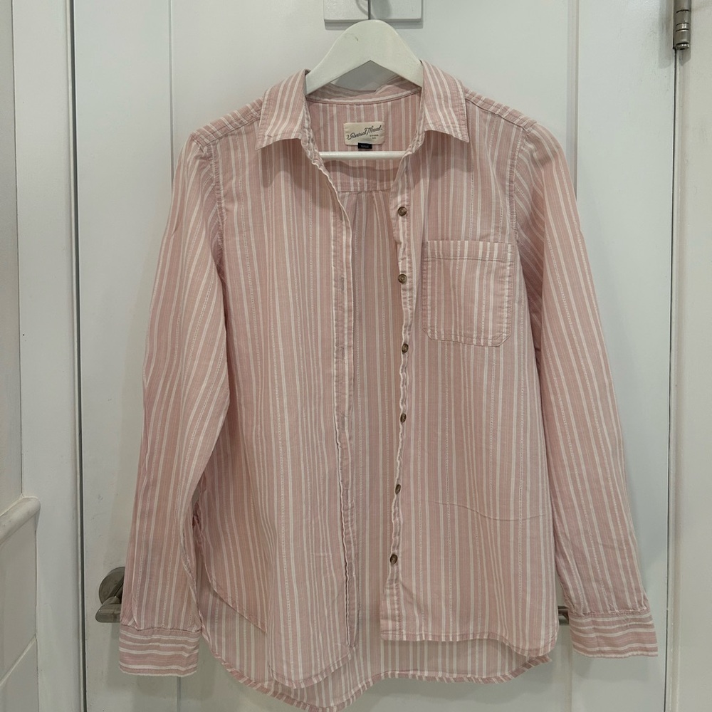 Baby Pink and White Stripped Button Down Ladies Top Size M
